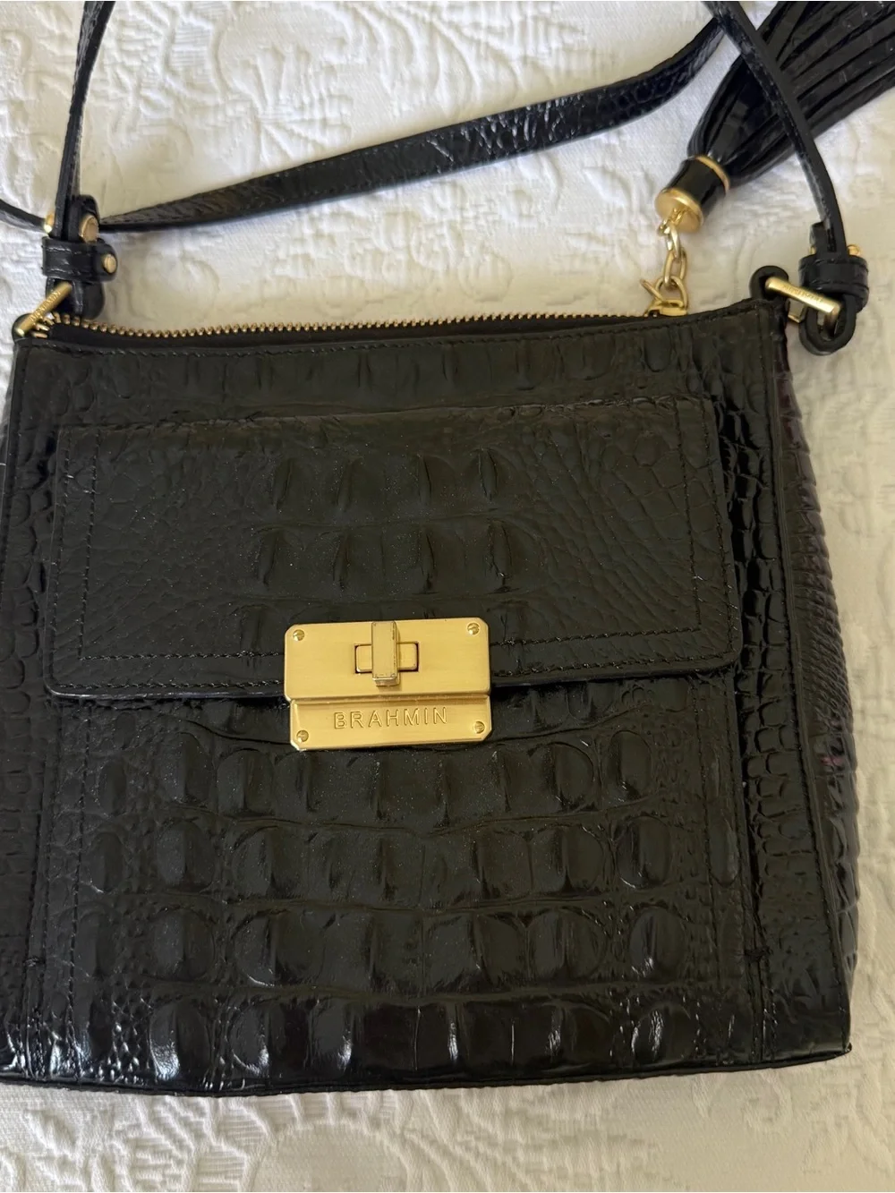 BRAHMIN Black Crossbody Bag with Crocodile Embossed Leather - Picture 5 of 9
